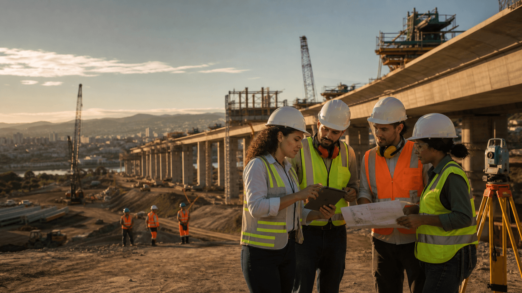 Equipe de infraestrutura trabalhando em uma grande obra